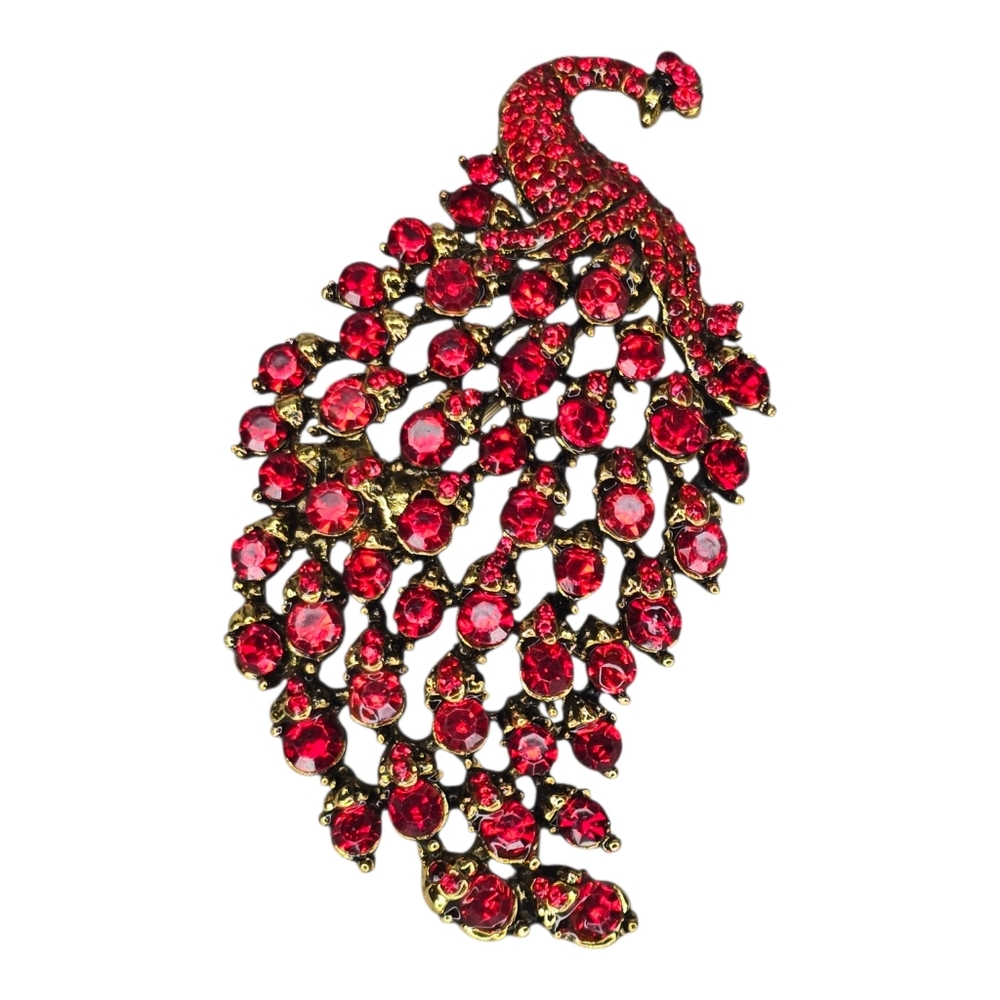 Vintage Red Peacock Brooch Pin Pendant Rhinestone Elegant Iridescent Evening Hot